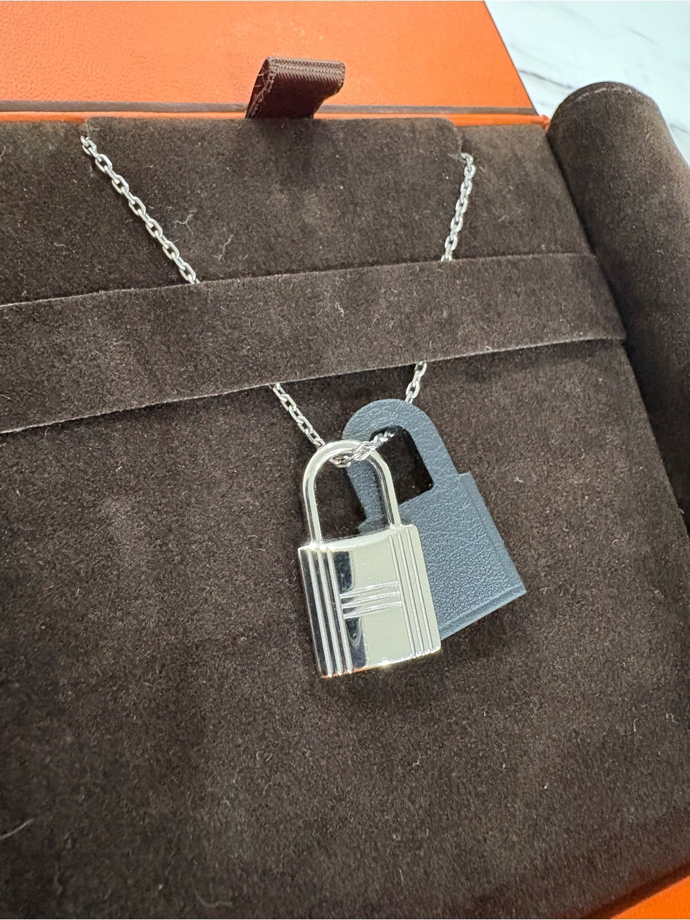 Hermes Silver and Black Padlock Pendant Necklace